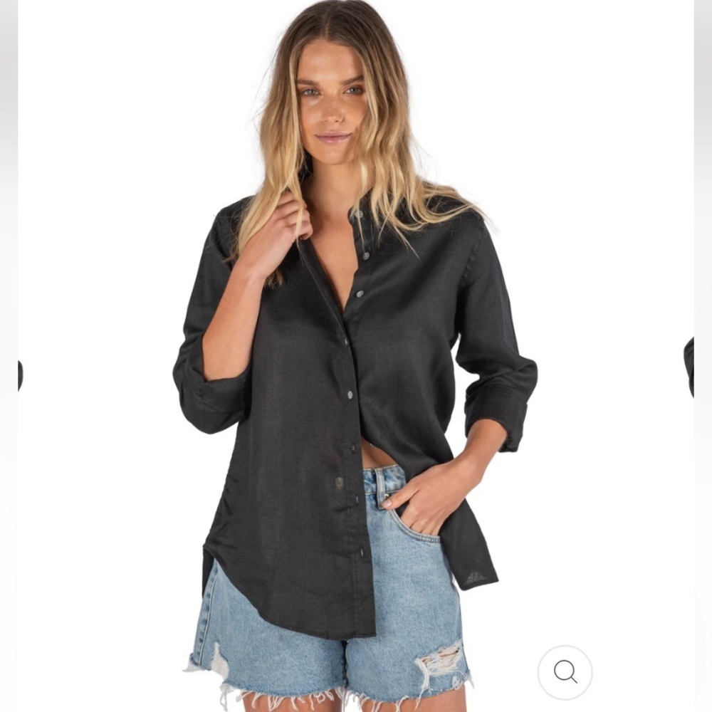 LOTUS BLACK RELAXED LINEN SHIRT WITH MANDARIN COLLAR